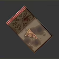 Pizza In Open Wooden Box With Red And White Checkered Trim And Grease Stains