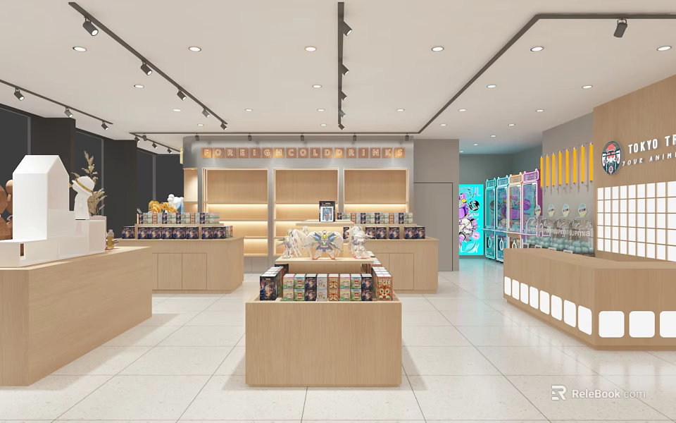 Modern Specialty Store Interior With Wooden Display Counters Product Shelves And Bright Lighting 3d model 