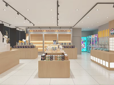 Modern Specialty Store Interior With Wooden Display Counters Product Shelves And Bright Lighting 3d model