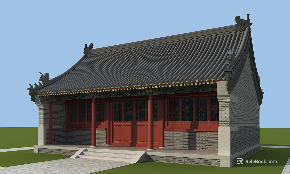 Traditional Chinese Ancient Architecture With Black Tiled Roof Red Pillars Gray Walls And Stone Steps 3d model 
