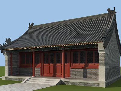 Traditional Chinese Ancient Architecture With Black Tiled Roof Red Pillars Gray Walls And Stone Steps 3d model