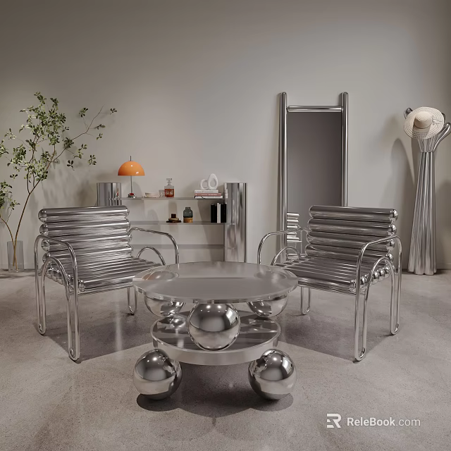 Silver Modern Table Chair Set With Metal Slat Chairs Round Spherical Base Green Plant 3d model 