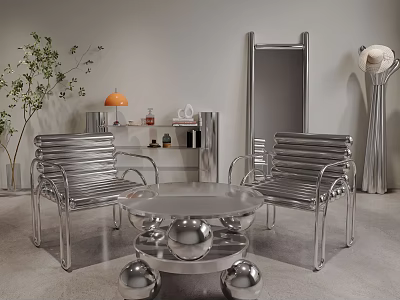 Silver Modern Table Chair Set With Metal Slat Chairs Round Spherical Base Green Plant 3d model