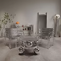 Silver Modern Table Chair Set With Metal Slat Chairs Round Spherical Base Green Plant