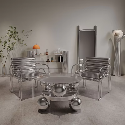 Silver Modern Table Chair Set With Metal Slat Chairs Round Spherical Base Green Plant 3d model