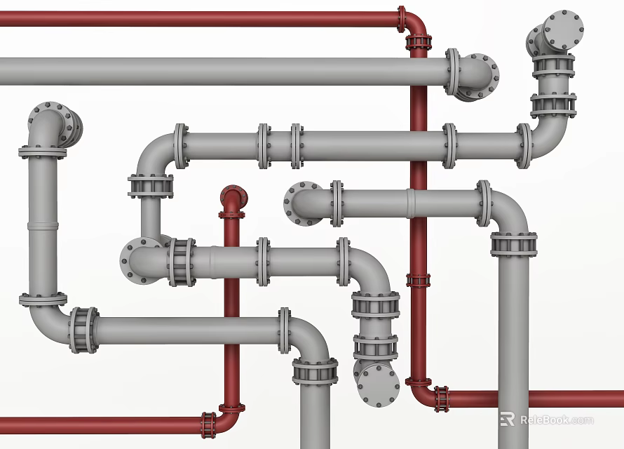 Industrial Metal Pipes System With Red And Gray Fittings And Connecting Joints 3d model 