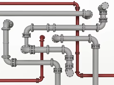Industrial Metal Pipes System With Red And Gray Fittings And Connecting Joints 3d model