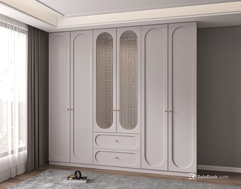 Modern Wardrobe Design With Arched Glass Doors Brass Handles And Drawer Storage 3d model 