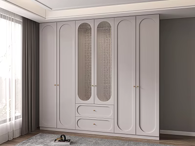 Modern Wardrobe Design With Arched Glass Doors Brass Handles And Drawer Storage 3d model