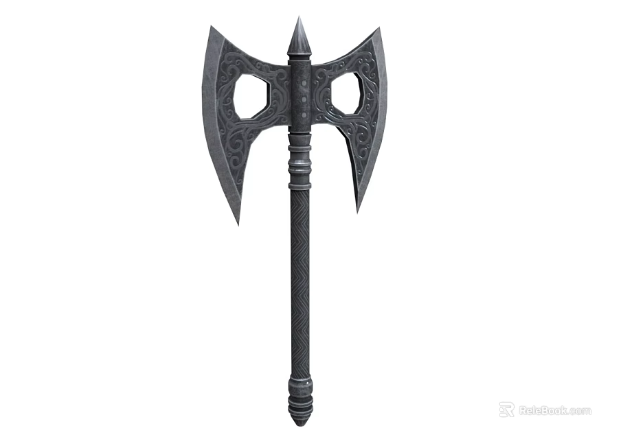 Black Double Edged Axe Weapon With Decorative Design And Long Handle 3d model 