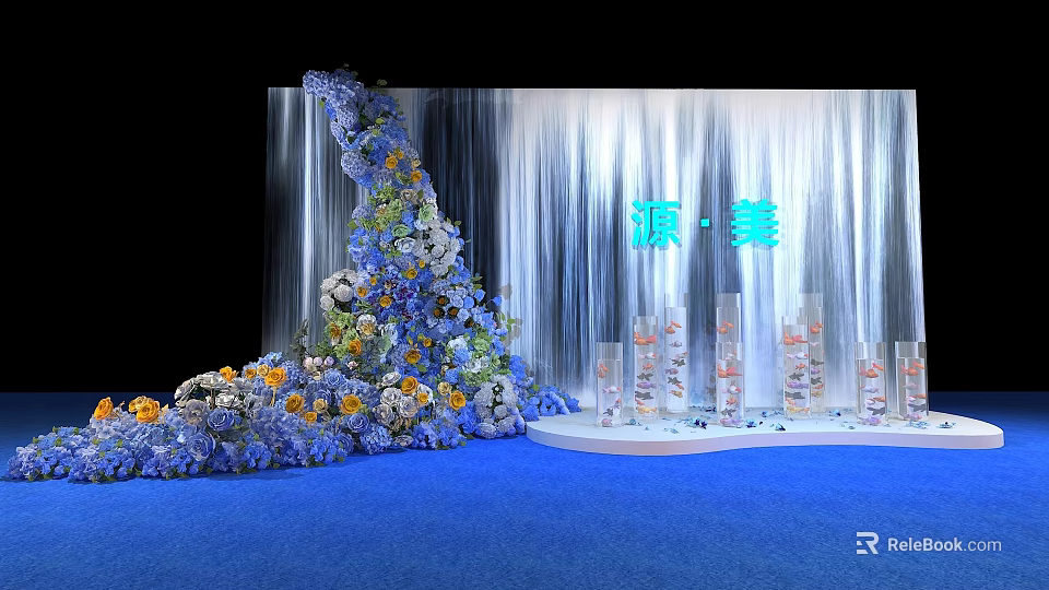 Stunning Floral Display with Blue White Flowers for Event Decoration on Blue Carpet 3d model 