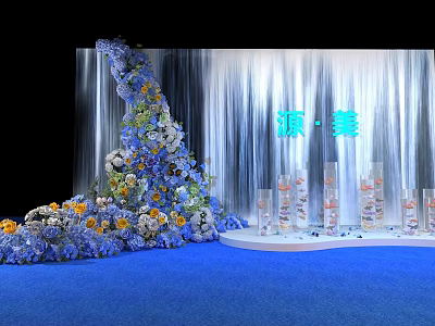 Stunning Floral Display with Blue White Flowers for Event Decoration on Blue Carpet 3d model
