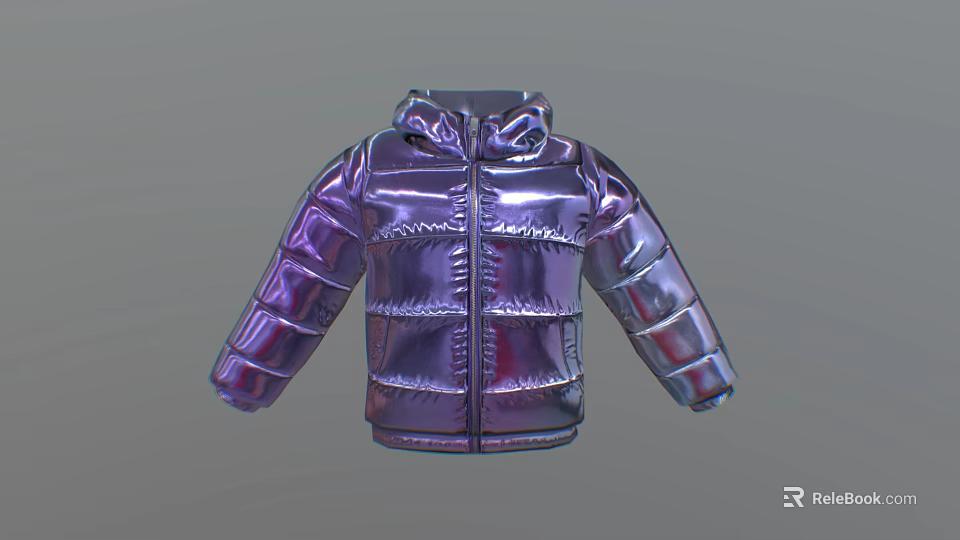 Shiny Purple Puffer Jacket with Hooded Design and Quilted Fashionable Winter Outerwear 3d model 