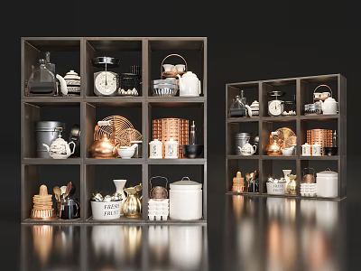 Stylish Multi Tiered Shelving Unit With Decorative Storage Items And Containers 3d model
