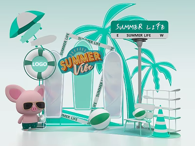 Cute Pink Pig Doll Wearing Sunglasses Near Summer Life Sign Palm Trees And Beach Elements 3d model