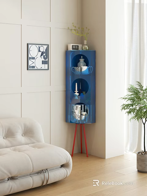 Stylish Single Seater Sofa In Living Room With Decorative Cabinet And Plant 3d model 