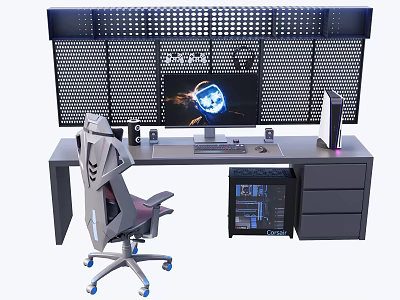 Modern Ergonomic Gaming Desk and Chair Set with Monitor Keyboard and PC Case 3d model