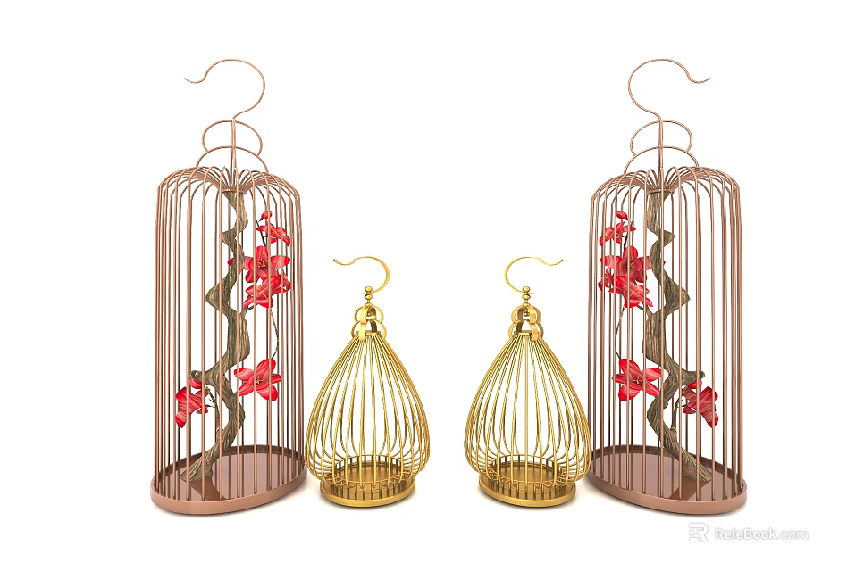 Elegant Birdcage Decorative Ornament Set with Red Flowers for Home Decor 3d model 