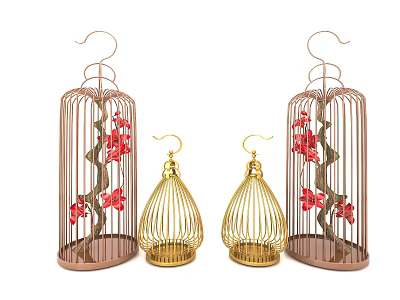Elegant Birdcage Decorative Ornament Set with Red Flowers for Home Decor 3d model