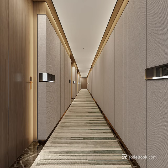 Modern Office Corridor Interior With Gray Wall Panels Wooden Doors Striped Carpet And Recessed Lighting 3d model 