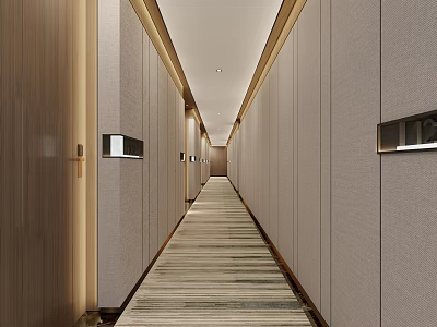 Modern Office Corridor Interior With Gray Wall Panels Wooden Doors Striped Carpet And Recessed Lighting 3d model