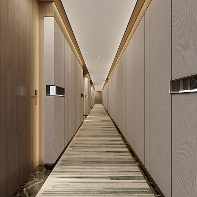 Modern Office Corridor Interior With Gray Wall Panels Wooden Doors Striped Carpet And Recessed Lighting 3d model