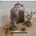 Vintage Decorative Ornament Combination With Metal Birdcage Glass Vases Berry Branches On Wooden Table