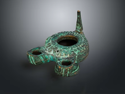 Antique Bronze Sculpture Featuring Three Legs Long Spout And Textured Green Patina 3d model