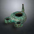 Antique Bronze Sculpture Featuring Three Legs Long Spout And Textured Green Patina
