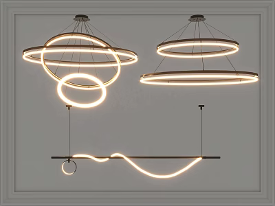 Modern Chandelier Design With Circular Rings And Curved Illuminated Structures For Contemporary Interiors 3d model