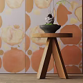 Wooden Side Table With Triangular Stand Featuring Black Bowl Decorative Items And Pomegranate Patterned Wallpaper 3d model