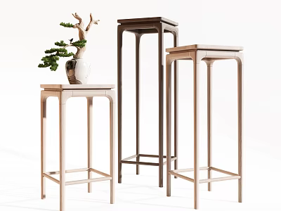 Three Plant Stands With Different Wood Tones And Potted Pine Tree For Indoor Decor 3d model