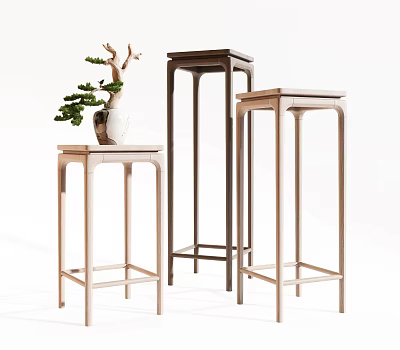 Three Plant Stands With Different Wood Tones And Potted Pine Tree For Indoor Decor 3d model