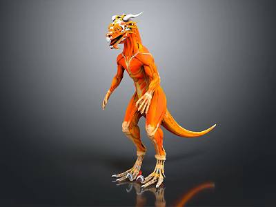 Orange Horned Muscular Dinosaur Like Game Movie Character With Standing Pose And Sharp Claws 3d model