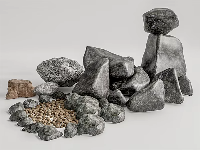 Assorted Natural Stones and Wooden Pieces with Different Sizes Shapes and Pebbles 3d model