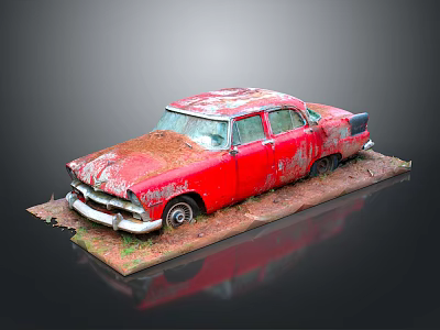 Rusty Old Red Car Model Displayed On Dirt And Grass Base 3d model
