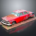 Rusty Old Red Car Model Displayed On Dirt And Grass Base