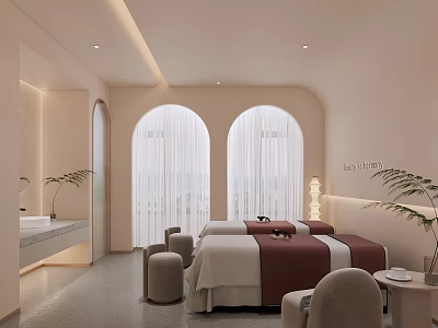SPA Sauna Interior Design With Massage Beds Arched Windows And Potted Plants 3d model