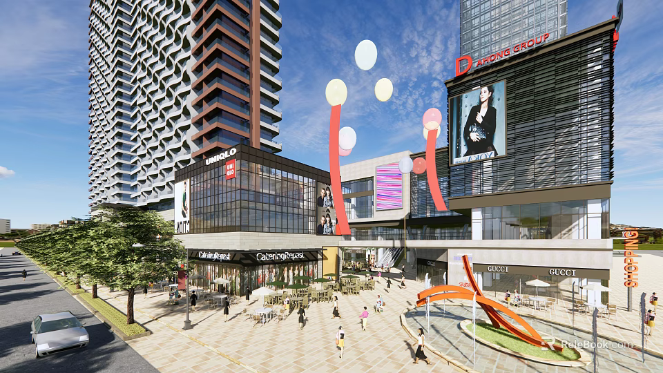 Modern Commercial Complex With Tall Buildings Brand Stores Leisure Plaza Pedestrians And Decorative Balloons 3d model 