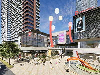 Modern Commercial Complex With Tall Buildings Brand Stores Leisure Plaza Pedestrians And Decorative Balloons 3d model