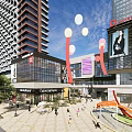 Modern Commercial Complex With Tall Buildings Brand Stores Leisure Plaza Pedestrians And Decorative Balloons