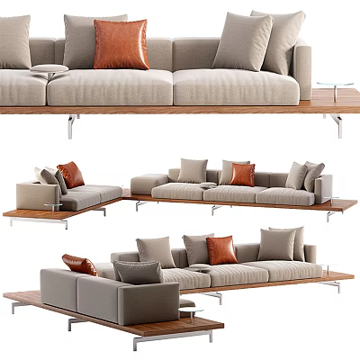 Beige Sectional Sofa With Brown Cushions Wooden Base And Metal Legs 3d model
