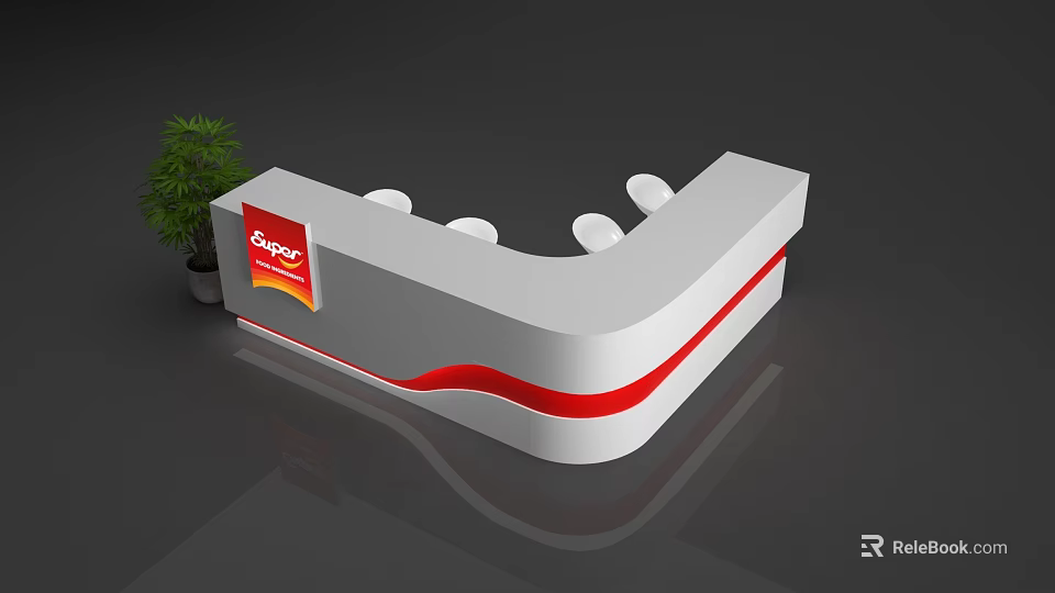 Espace Curved Reception Desk White And Red Design With Wavy Lines And Green Plant 3d model 