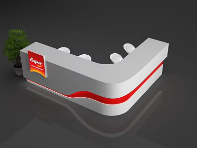 Espace Curved Reception Desk White And Red Design With Wavy Lines And Green Plant 3d model
