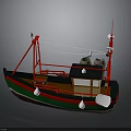 Traditional Fishing Boat With Red Mast Green Black Hull White Buoys And Seagull