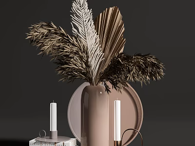 Stylish Ornamental Decor Set With Pink Vase Dried Leaves Candles And Tray 3d model