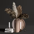 Stylish Ornamental Decor Set With Pink Vase Dried Leaves Candles And Tray