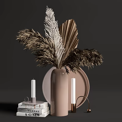 Stylish Ornamental Decor Set With Pink Vase Dried Leaves Candles And Tray 3d model