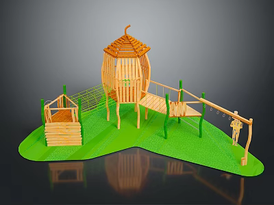 Wooden Children's Playground Structure With Tower Platform Swing And Green Posts 3d model