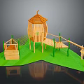 Wooden Children's Playground Structure With Tower Platform Swing And Green Posts